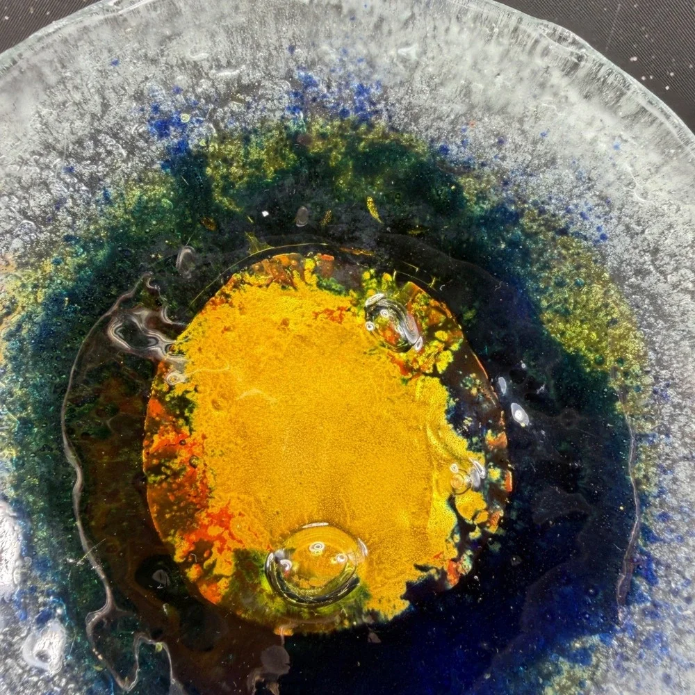 Handmade Fused Glass Bowl Dish Blue Yellow Green Celestial Art Glass Catchall